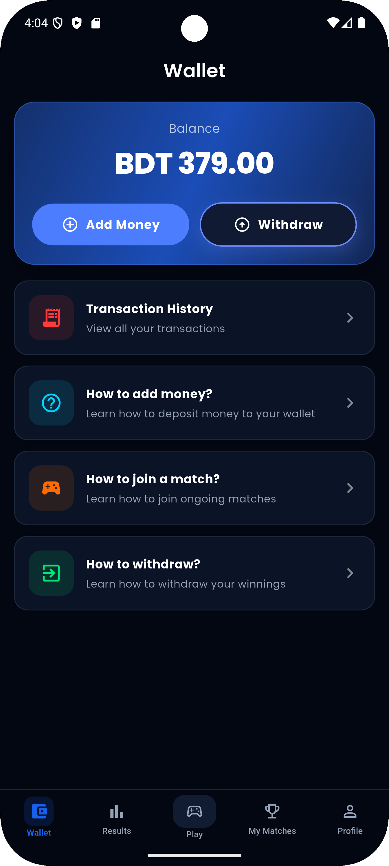 FirePlayx wallet screen showing current balance and transaction history