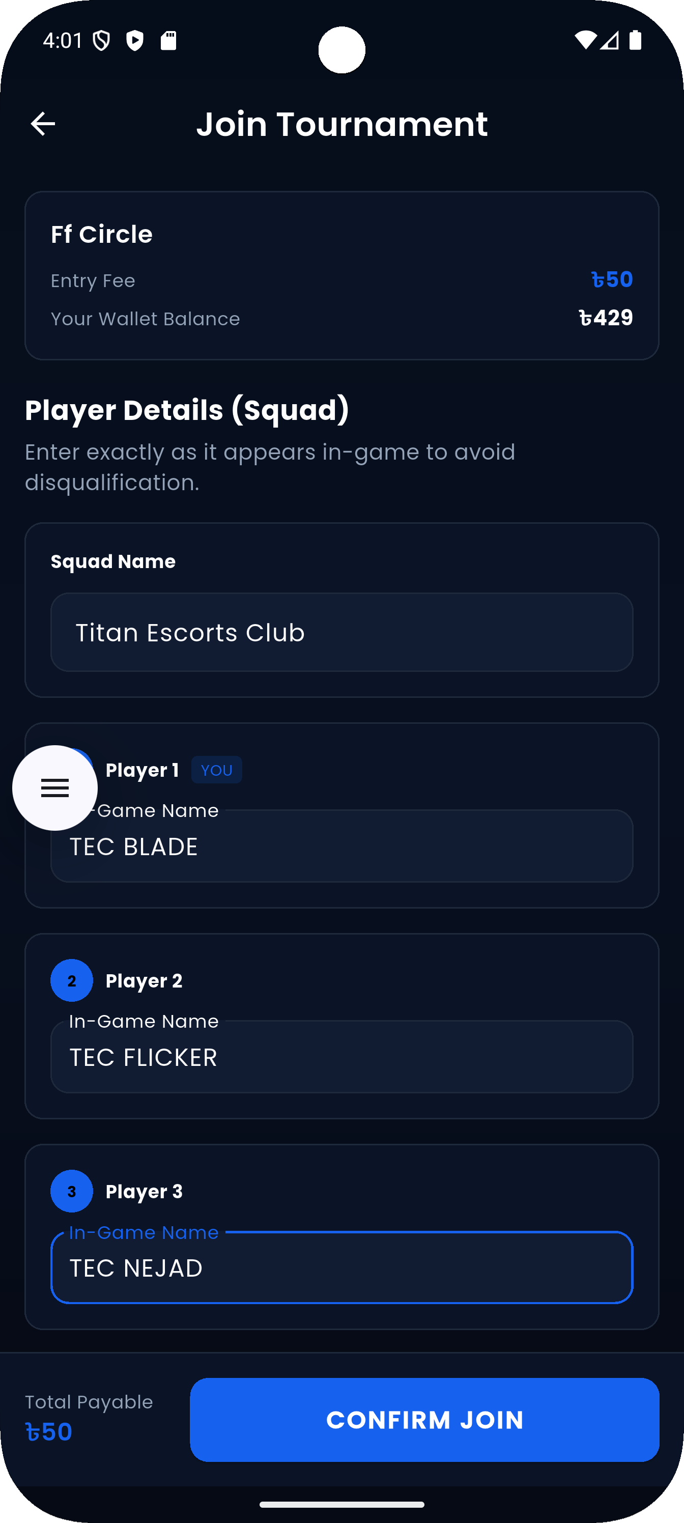 FirePlayx join tournament confirmation screen